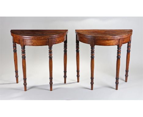 Pair Victorian demi-lune card tables, both with a hinged bow top above the ring turned tapering legs, 76cm x 38cm x 76cm, (2)