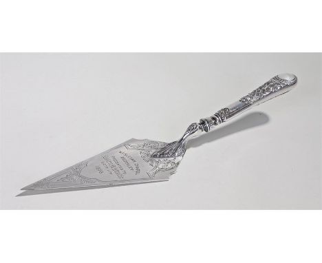 Victorian silver plated presentation trowel, the trowel with the inscription Wesleyan Chapel Brockley, Presented to Helen M B