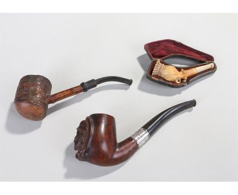 Cased Meerschaum cheroot holder in the shape of a poppy seed; to include a carved briar pipe with Edward VII, hallmarked band