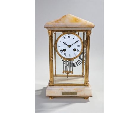 Late 19th Century French four glass and marble mantel clock, the arched top above gilt Corinthian capped columns and stepped 
