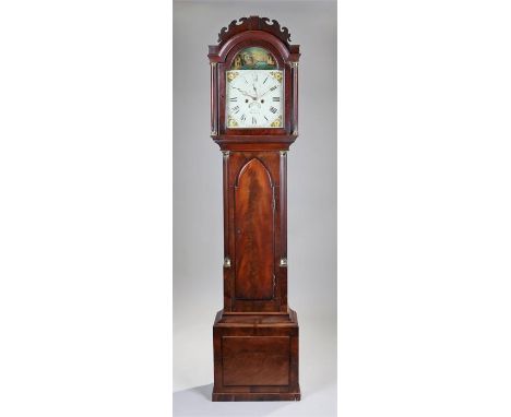 George III mahogany longcase clock, Mallell, Woodbridge, the arched pediment above an arched glazed hood flanked by columns, 