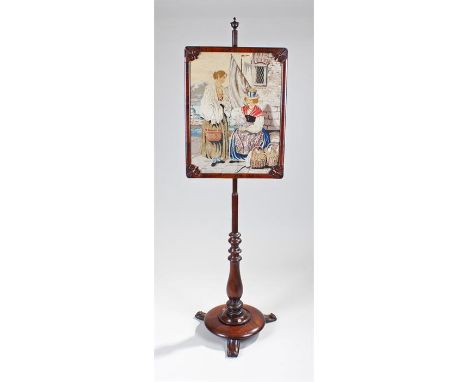 Victorian rosewood fire screen, the woolwork panel held to the stepped pole and turned base, 147cm high