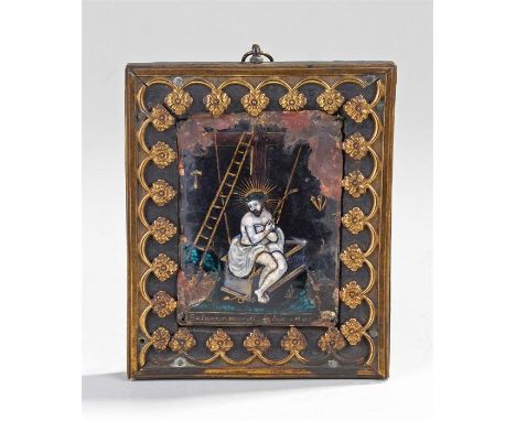 17th Century Limoges enamel plaque, Salvator Mundi, polychrome enamel with a gilt metal frame, 11cm x 13.5cm