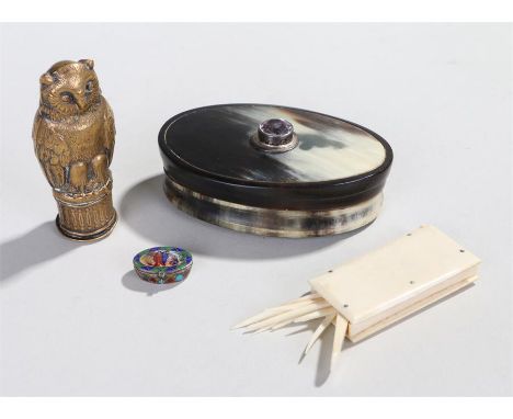 Works of art, to include a Scottish horn snuff box, an Egyptian revival enamel box, Victorian tooth pick box and an owl vesta