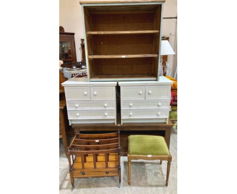 A television stand, a pair of painted chests of drawers, a pine open cupboard, a music canterbury and a stool (6)