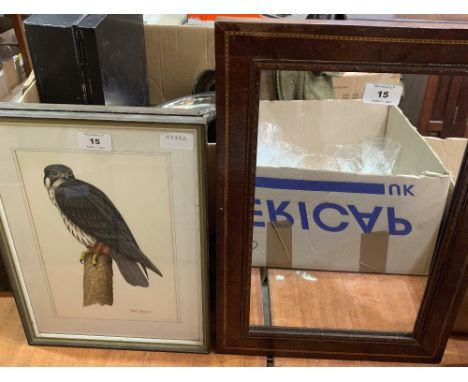 Two watercolour drawings of birds of prey by Miles Hopper and an inlaid mahogany mirror