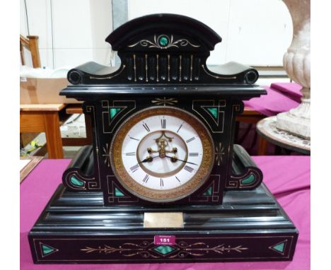 A 19th century French slate and malachite cased mantle clock, the dial with Brocot escapement. 17½' high
