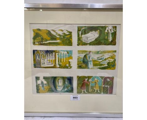 A lithograph of six architectural, landscape or figure scenes in the manner of the Curwen Press. 10½' x 12½'