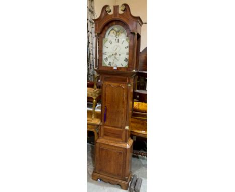 A 19th century oak and mahogany longcase clock, the painted break-arch dial with moophase signed Jas. Condliff, Liverpool. 87