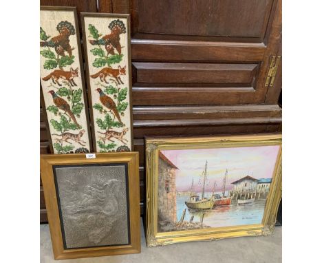 A pair of tapestry pictures, a framed oil of a harbour scene, a landscape print and a framed metal plaque