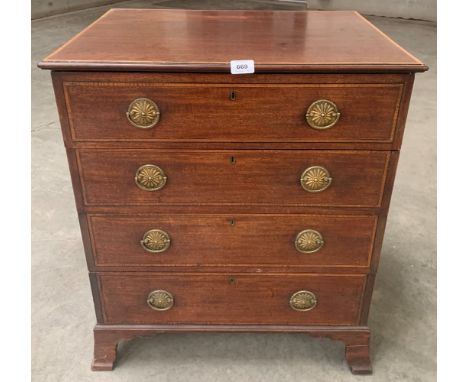 A 19th century mahogany chest, crossband and line inlaid, with four long graduated drawers, raised on slightly splayed bracke