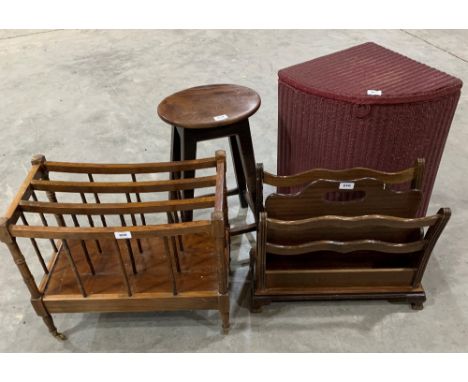 A Lloyd Loom corner linen box; a stool; a music canterbury and a magazine rack