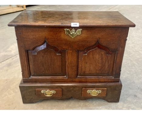 A small joined oak dower chest, the front with two fielded panels over a pair of drawers, raised on bracket feet. 25' wide