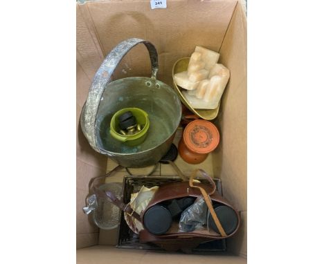 Weighing scales, cased Swift binoculars, preserving pan and sundries