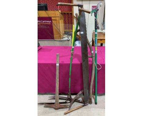 A telescopic tree lopper; 2 scythes and other long handled tools