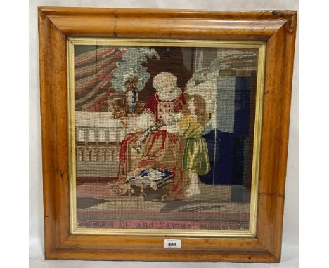 A Victorian maple framed tapestry depicting Eli and Samual. The frame 22' x 21'