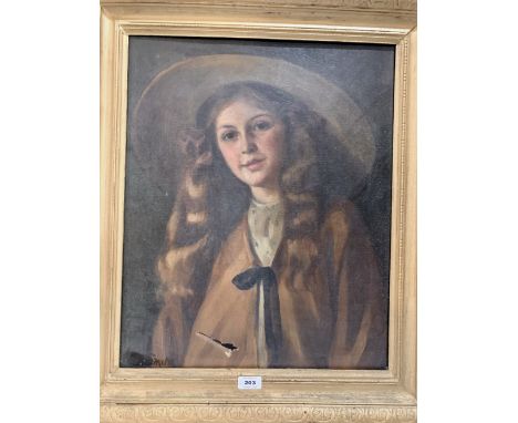 G.R. SMITH. BRITISH 19TH/20TH CENTURY A portrait of a young girl wearing a wide brimmed hat. Signed. Oil on canvas 24' x 18' 