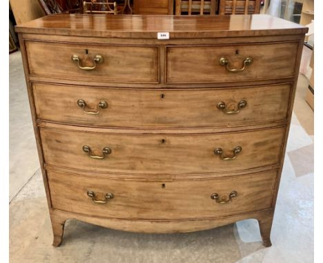 A George III mahogany bowfronted chest of two short over three long drawers raised on splayed bracket feet. 41' wide. Losses 