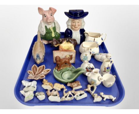 A group of ceramics, Wade whimsies, long boat, Wade Nat West pig, ceramic money box  in the form of a Puritan, USSR bear figu