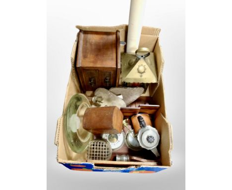 A box of brass lantern, glass wall lights, wooden bookends, barometer, table boxes, hip flask etc 