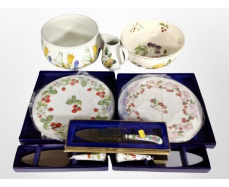 A boxed Royal Worcester porcelain cake stand, further cake knives, Portmeirion Botanical jug and fruit bowl, Spode Blackberry