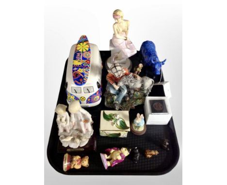 A group of ornaments, cow parade figure, ceramic camper van, Wade whimsies, Royal Doulton figure Frances etc 
