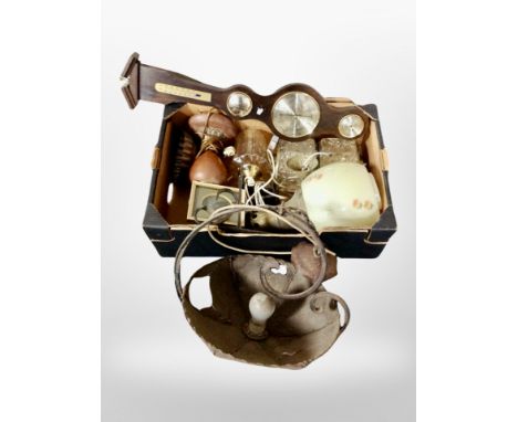 A box of Continental light fittings, barometer etc 