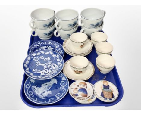 Three Royal Copenhagen blue and white plates together with a set of six Bing and Grondahl porcelain tea cups, further Danish 