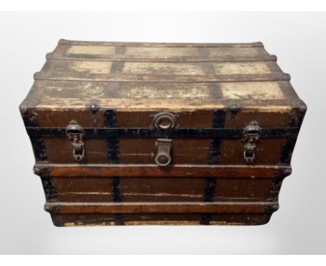 A 19th century oak canvas and metal bound shipping trunk, width 87 cm 
