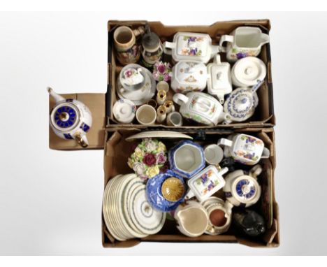 Two boxes of ceramic teapots, commemorative ware, china flower posie etc 