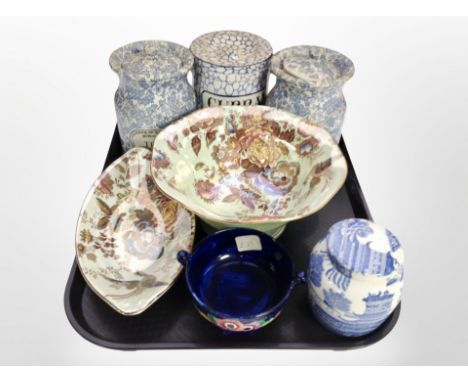 A Maling lustre octagonal fruit bowl and matching gonadala dish together with a Cetem ware dish, Maling twin handled bowl, A 