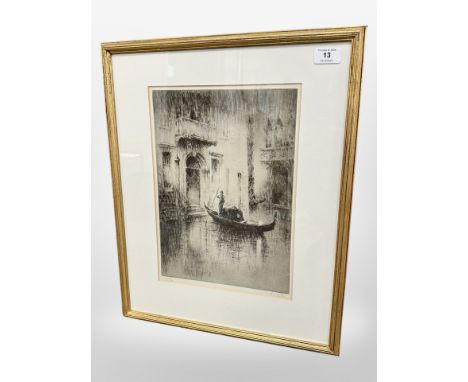Twentieth Century School : Venetian Study with Gondola, drypoint etching, indistinctly signed in pencil, numbered 69/80, with