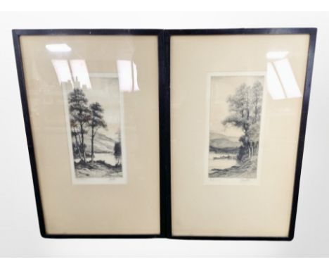 After John Fullwood : Loch Katrine, Loch Awe, dry-point etchings, each signed in pencil, 24 cm x 11 cm, together with two fur