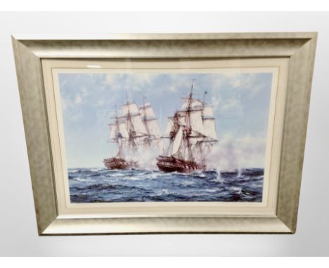 After Montague Dawson : The Action Between Java and Constitution, December 1812, colour print, overall 103 cm x 77 cm 