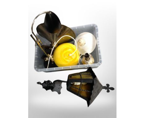 A box of Danish pendant light fittings, lamp base, wall lantern etc 
