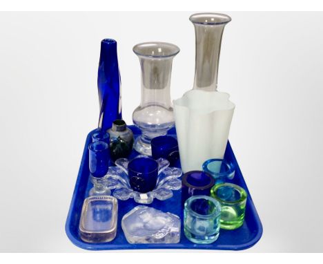 A group of Scandinavian glass ware, paperweights, tea light holders, vases etc 