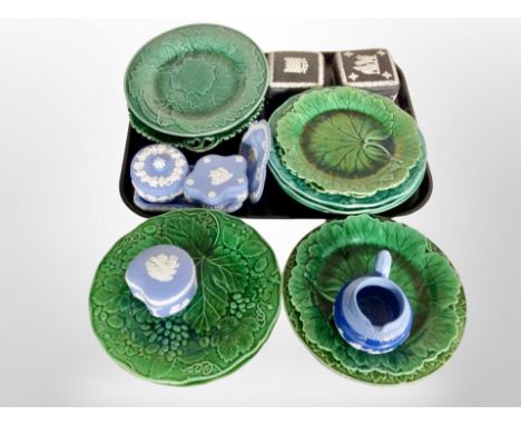 Several blue and white Jasperware trinket boxes, two further black examples, Wedgwood green leaf plates etc 