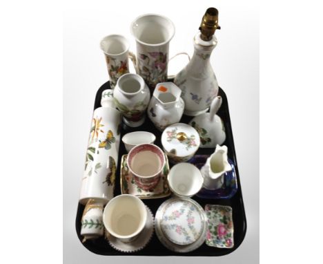 A group of porcelain, Aynsley Wild Tudor lamp base, Portmeirion Botanic Garden sleeve vases and rolling pin, trinket boxes, C