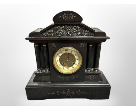 A Victorian black slate and marble eight day mantle clock, height 38 cm 