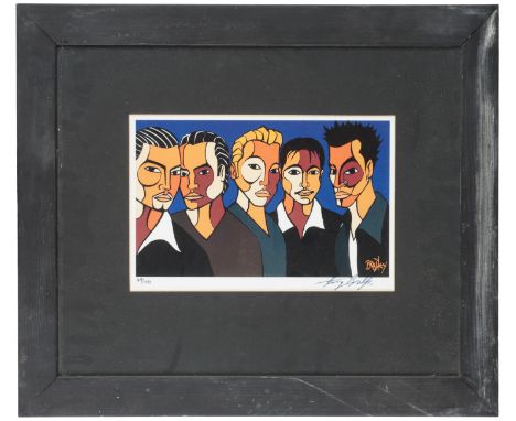 TERRY BRADLEY (B. 1965), BOYZONE' limited edition colour print no 49 of 100, signed by artist, 19cm x 28cm, in black wood fra