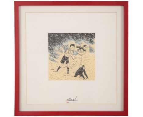 HERGE (1907-1983), PERDUS DANS LA NEIGE (LOST IN THE SNOW) limited edition print, 17.5cm square, no. 65 of 1000, in red frame