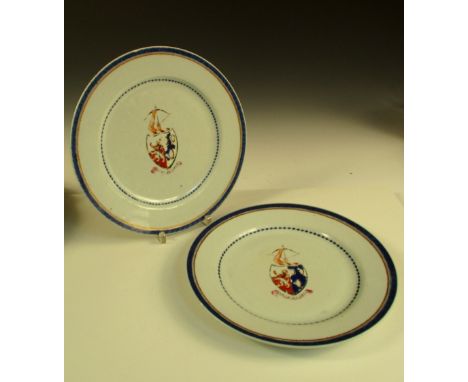 A pair of late 18th century armorial plates, the arms central to blue rim bands and above the motto 'Marte et Arte' for John 