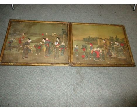 A pair of late 19th century paintings on silk, depicting mothers with playing children walking through a village by a river, 