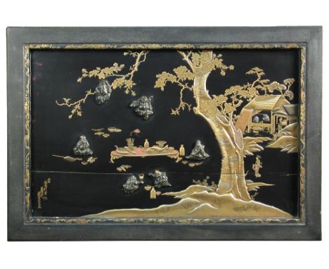 Shotaro, a bronze inlaid lacquer panel, depicting Benjaiten playing a lute below a flowering cherry, a pavilion distant behin