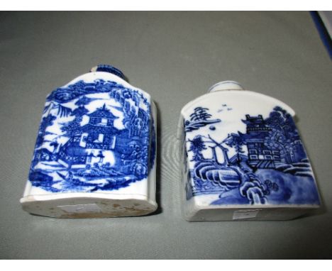 A 18th century blue and white and an English creamware tea caddy, the first painted with pavilions on islands, 11cm (4.5 in) 