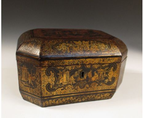 A 19th century gilt black lacquer tea caddy, the hinged canted rectangular lid worked with a panel of figures amongst gazebos