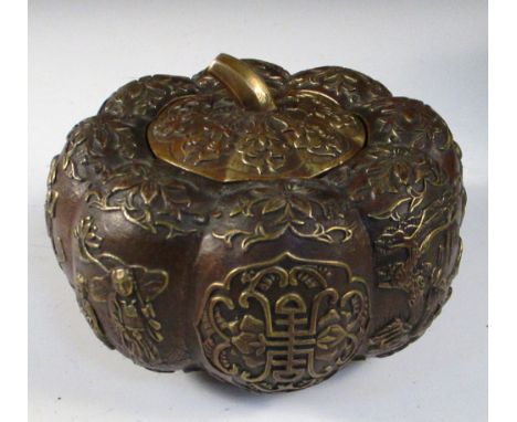 A bronze gourd shaped bowl and cover, the eight lobed melon shape cast with Shoulao centrally to each side, shou characters a