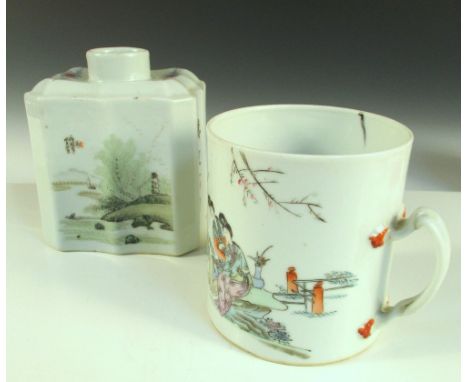 A Republic Period mug and a tea caddy, both inscribed in black, the cylindrical sides of the mug painted with two ladies seat