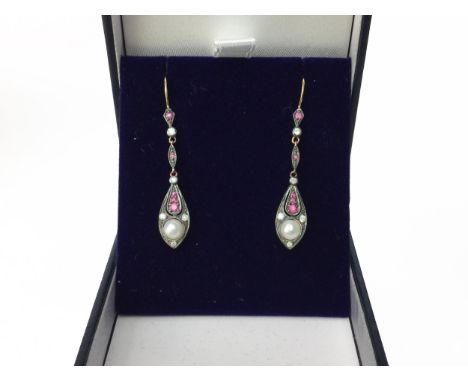 PAIR OF RUBY, PEARL AND DIAMOND EARRINGS, the elliptical sections set with a spherical pearl flanked by round brilliant cut d