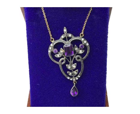 AMETHYST, PEARL AND DIAMOND NECKLACE, of openwork form, set with a central step cut amethyst flanked by round brilliant cut d